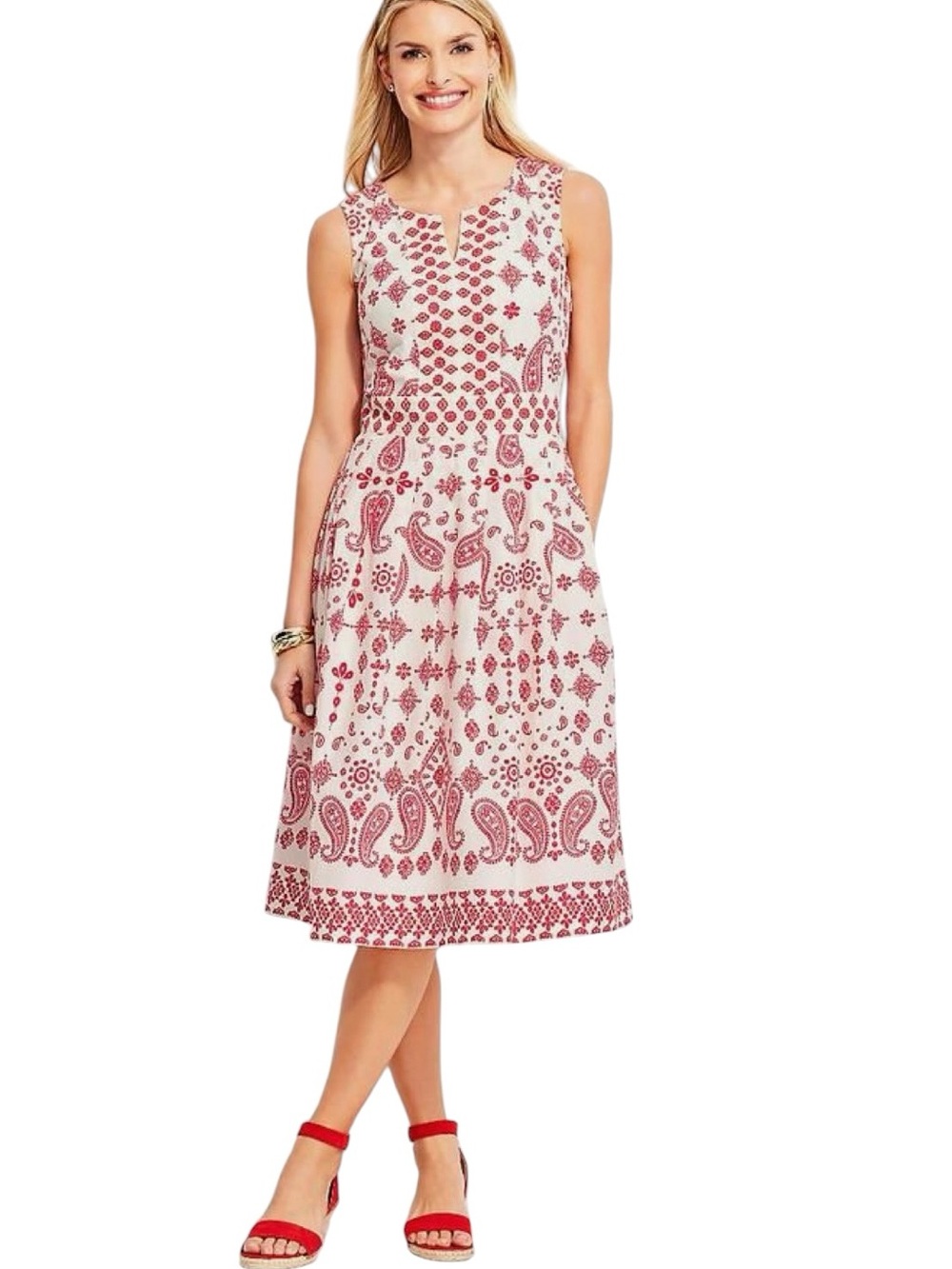 Talbots Bandana Paisley Fit-and-Flare Dress features a vibrant red and white 2p